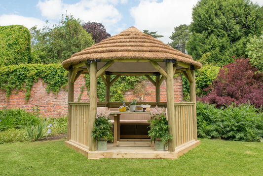 Forest Garden Hexagonal Wooden Garden Gazebo with Thatched Roof