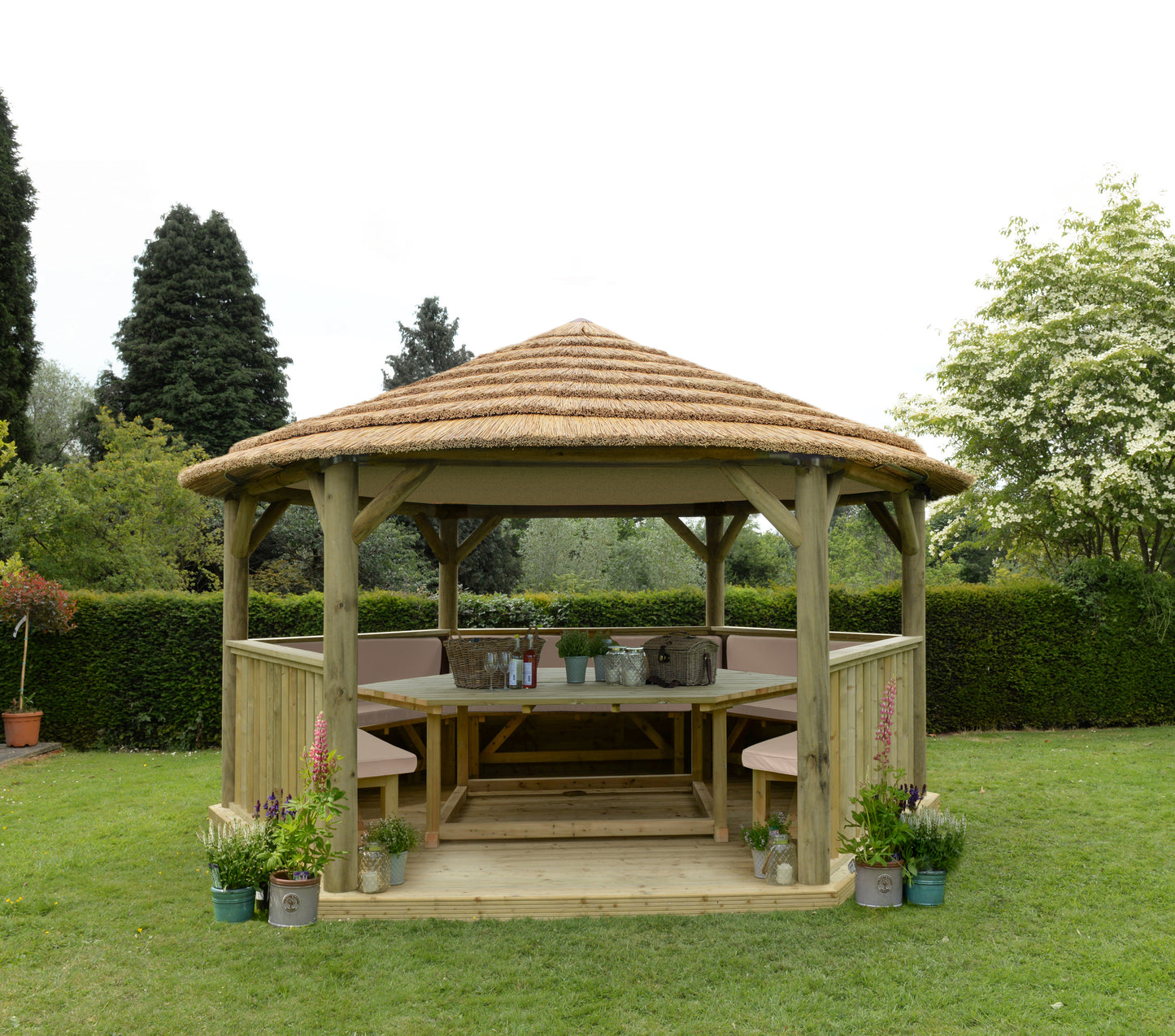 Forest Garden Hexagonal Wooden Garden Gazebo with Thatched Roof