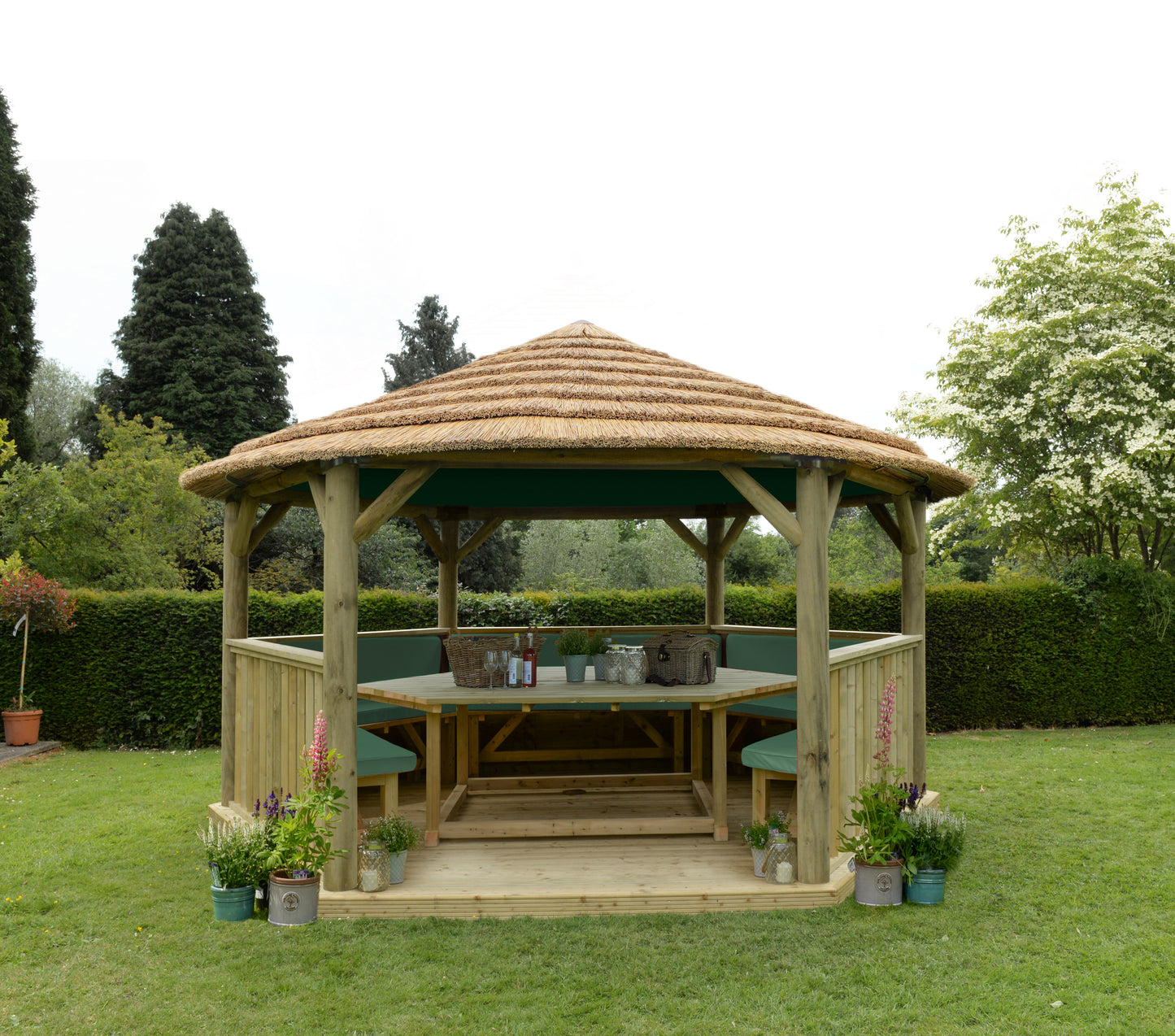 Forest Garden Hexagonal Wooden Garden Gazebo with Thatched Roof