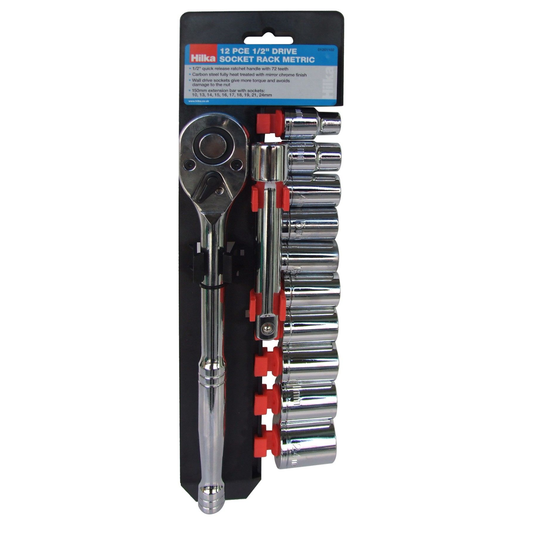 Hilka 12 piece 1/2 inch drive metric socket set mounted on a metal storage rack rail