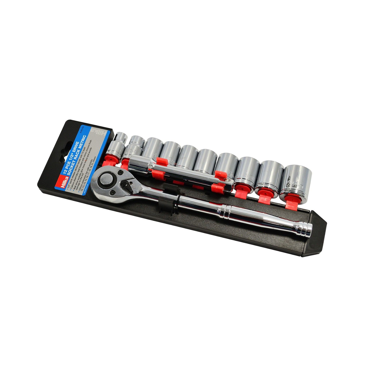 Hilka 12 piece 1/2 inch drive metric socket set mounted on a metal storage rack rail
