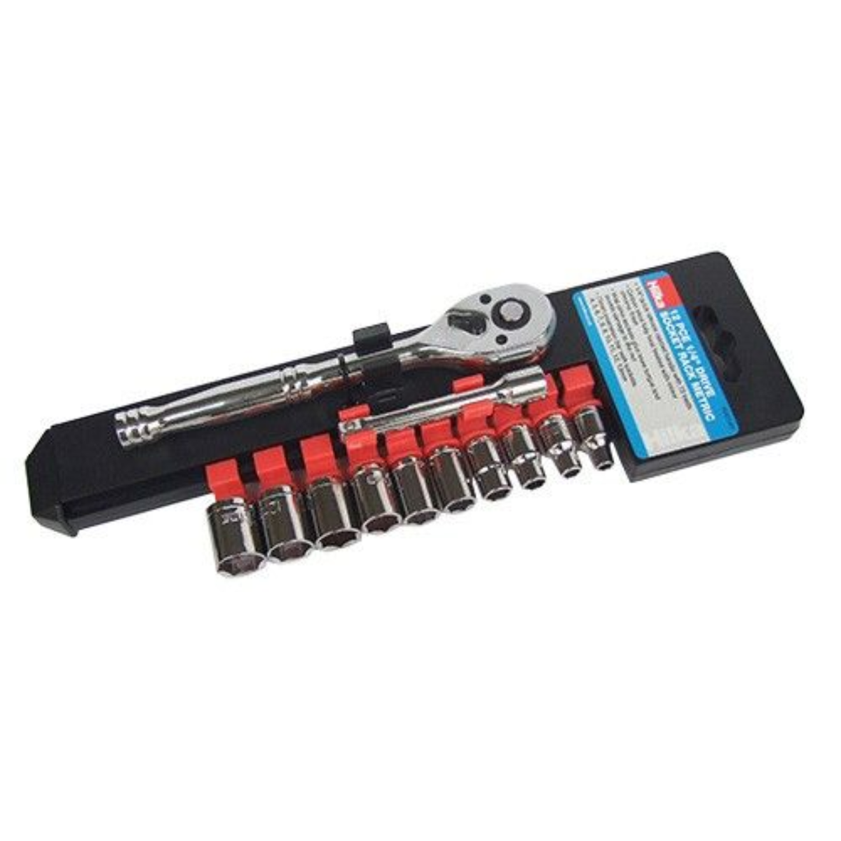 Hilka 12 piece 1/4 inch drive metric socket set mounted on a metal storage rail with ratchet and extension bar