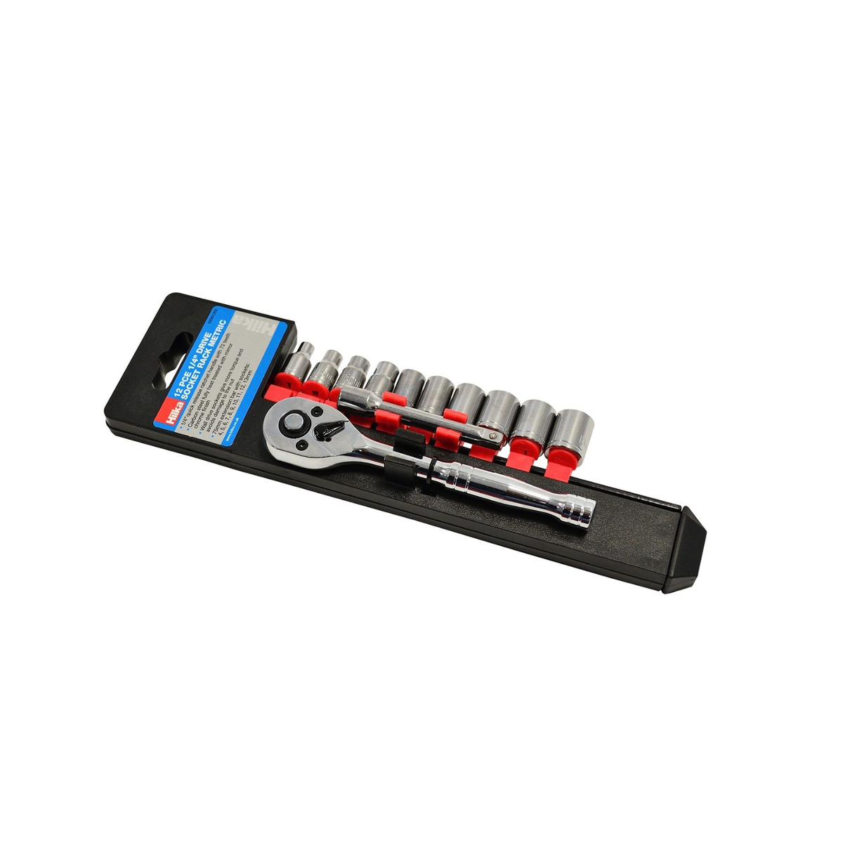 Hilka 12 piece 1/4 inch drive metric socket set mounted on a metal storage rail with ratchet and extension bar