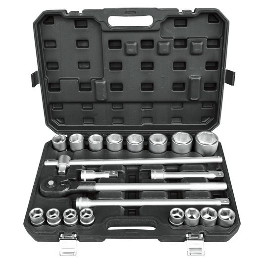 Hilka 21 piece 3/4 inch drive metric socket set arranged inside a blow moulded storage case