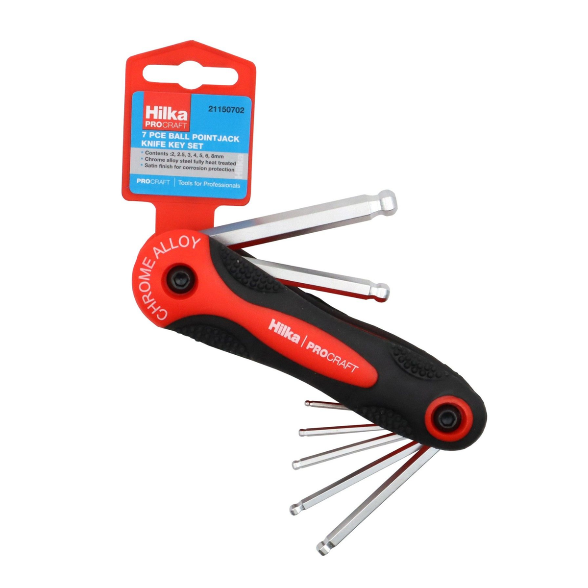 Hilka 7 piece metric ball point hex key set organised on a metal key ring holder