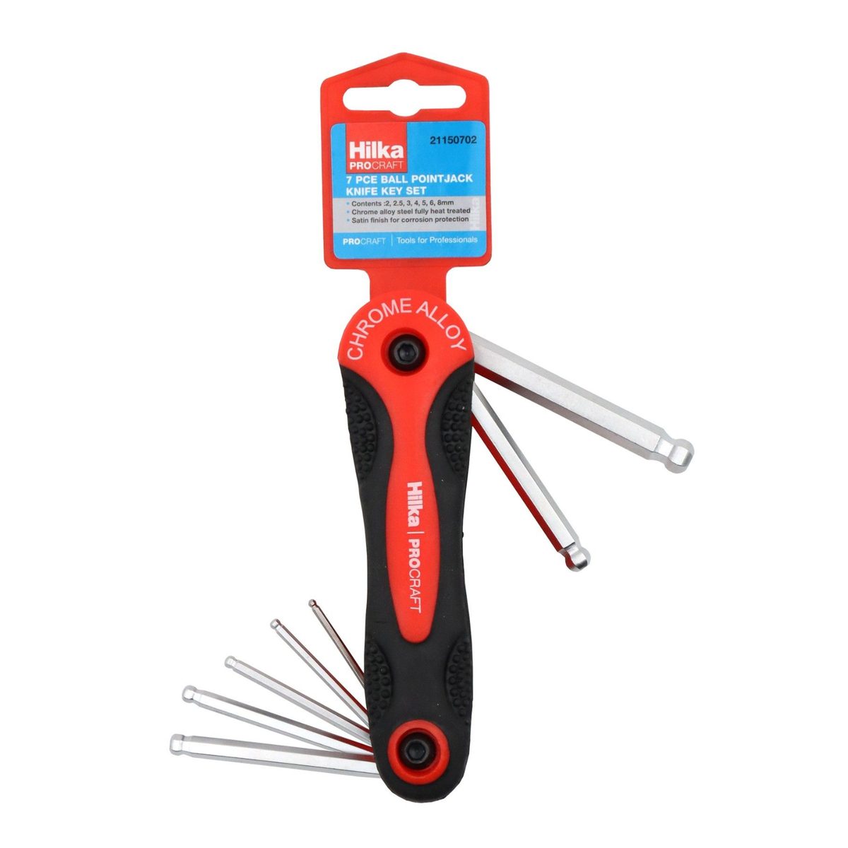 Hilka 7 piece metric ball point hex key set organised on a metal key ring holder