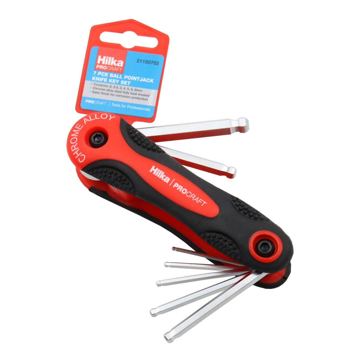 Hilka 7 piece metric ball point hex key set organised on a metal key ring holder