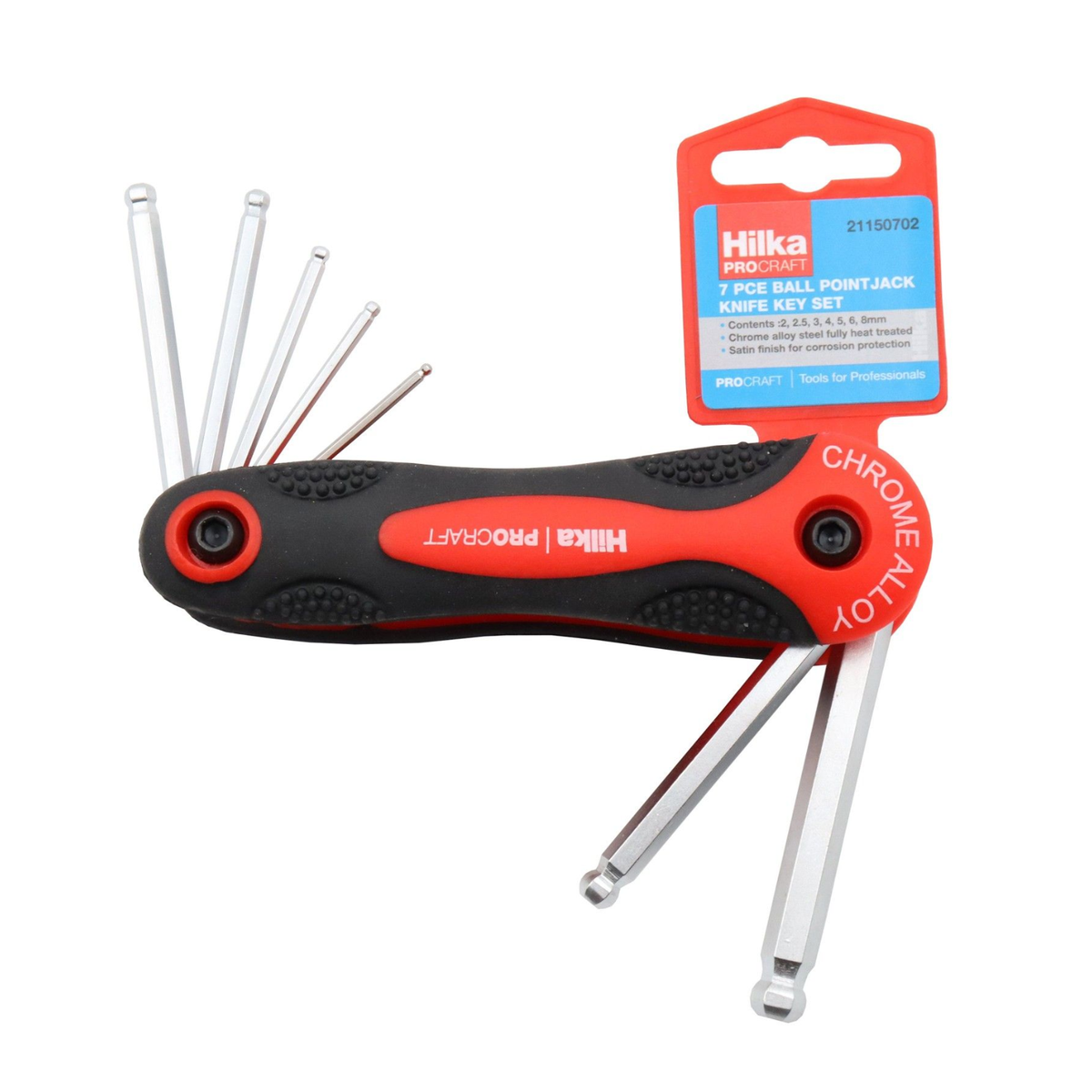 Hilka 7 piece metric ball point hex key set organised on a metal key ring holder