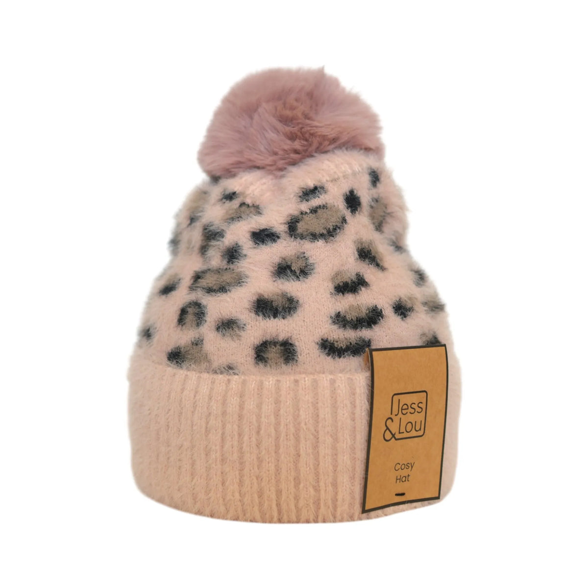 Jess & Lou Leopard Fluffy Knit Bobble Hat