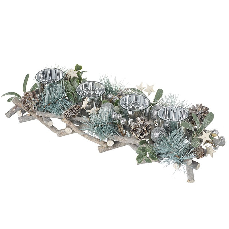 Heaven Sends Long Four Tea Light Holder Silver Foliage Christmas Decoration