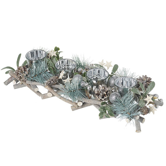 Heaven Sends Long Four Tea Light Holder Silver Foliage Christmas Decoration