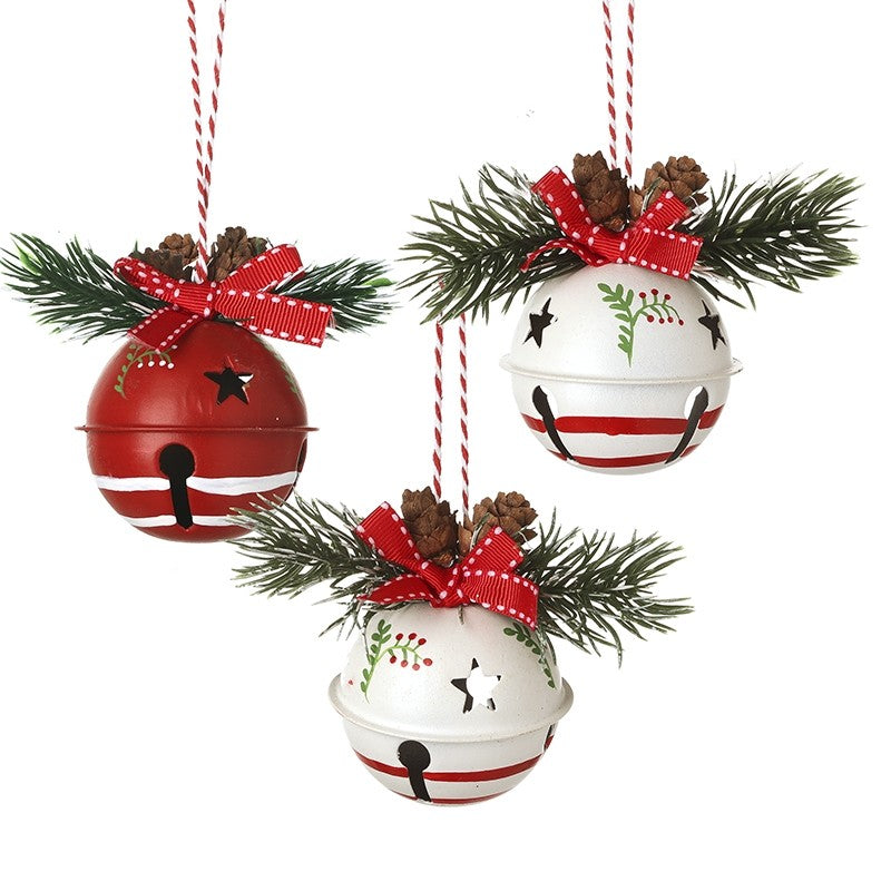 Heaven Sends Red & White Metal Bells With Bow Baubles