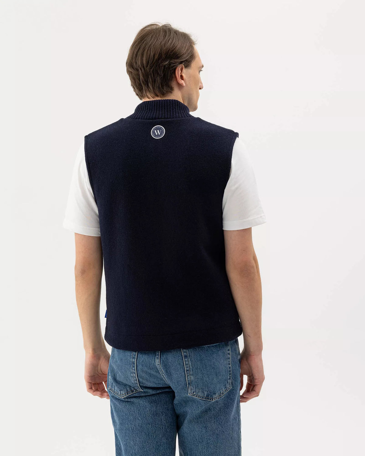 Holebrook Fred Vest WP navy blue windproof wool blend knitted gilet on model