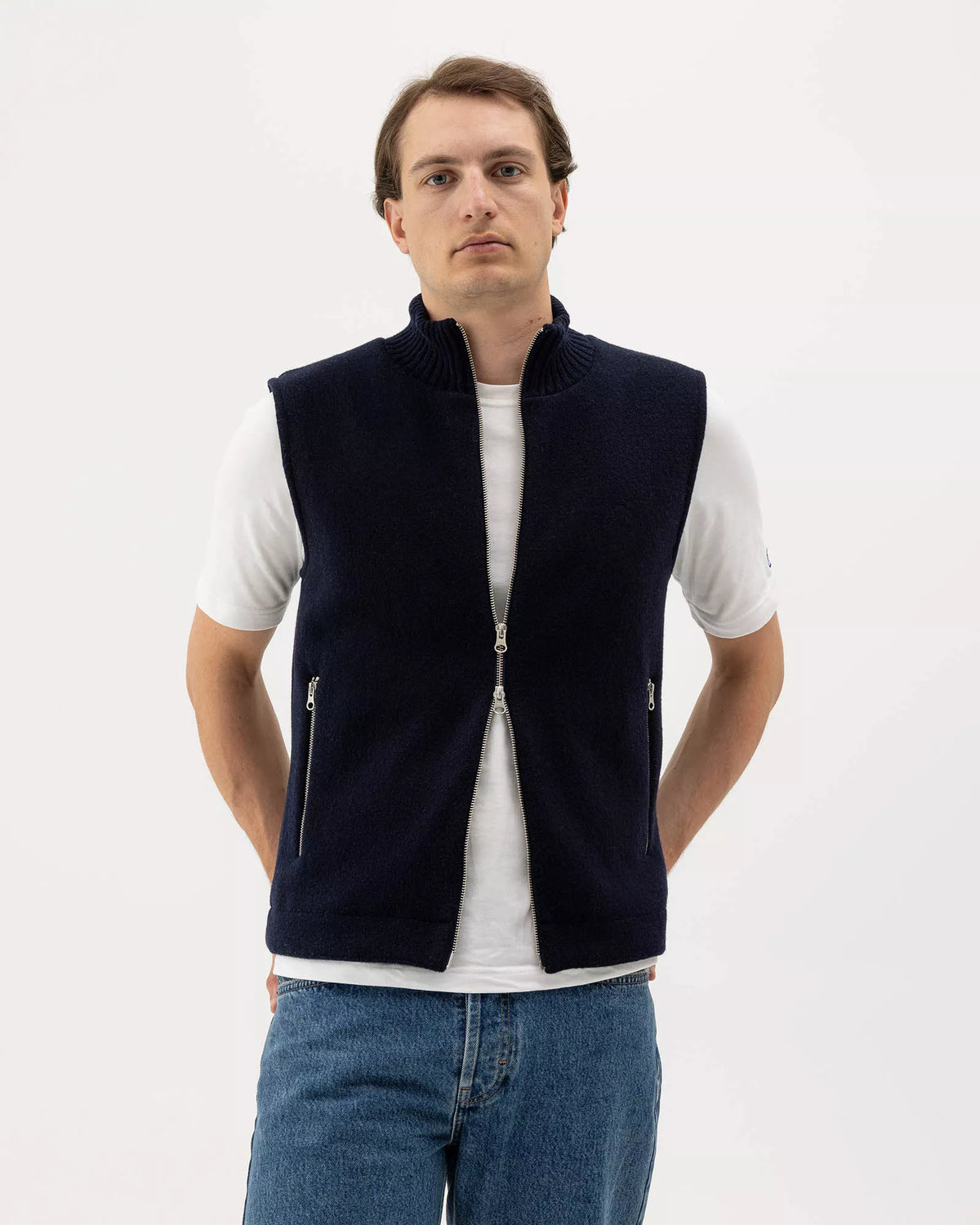 Holebrook Fred Vest WP navy blue windproof wool blend knitted gilet on model