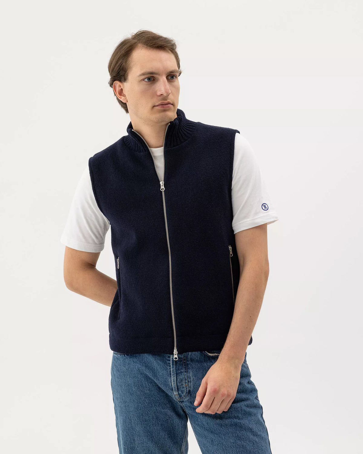 Holebrook Fred Vest WP navy blue windproof wool blend knitted gilet on model