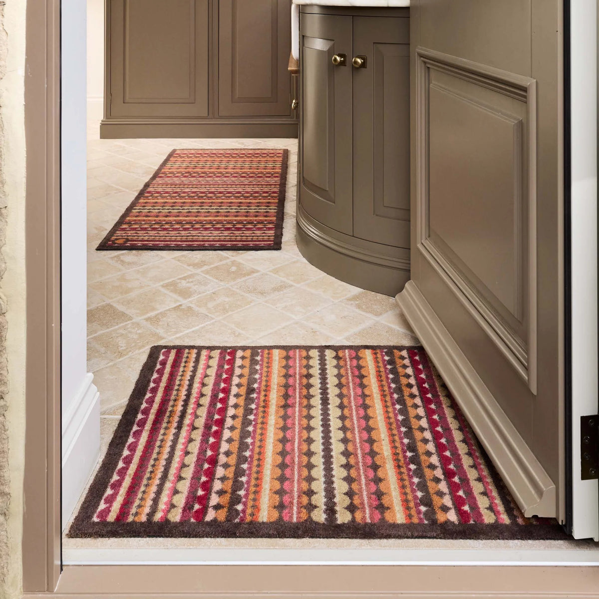 Hug Rug Beady Stripe Earth washable doormat with non-slip recycled rubber backing and brown striped pattern