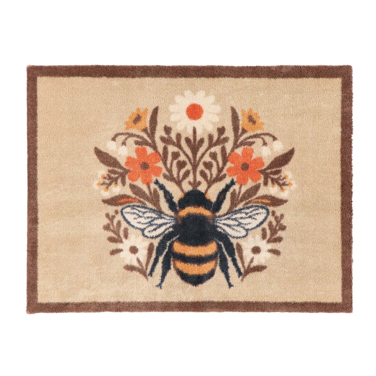 Hug Rug Floral Bee Beige washable doormat with central bee illustration