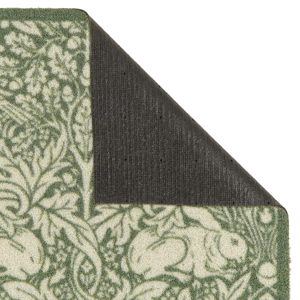Hug Rug x Morris and Co Brer Rabbit Green outdoor doormat with botanical and rabbit pattern