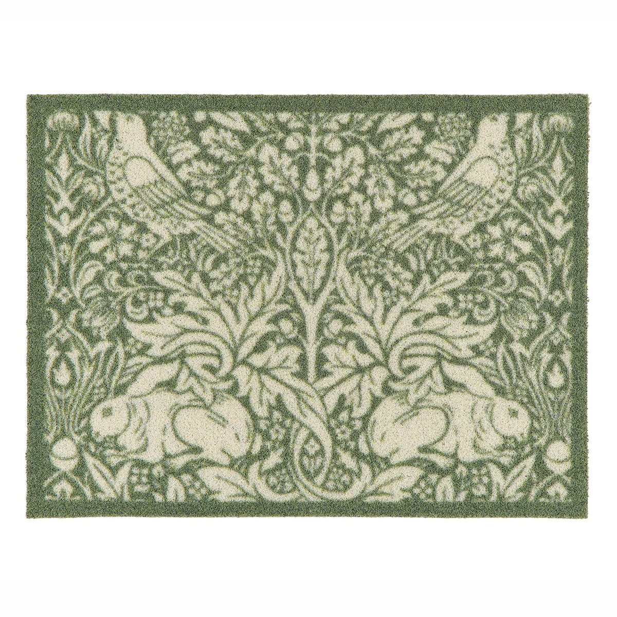 Hug Rug x Morris and Co Brer Rabbit Green outdoor doormat with botanical and rabbit pattern