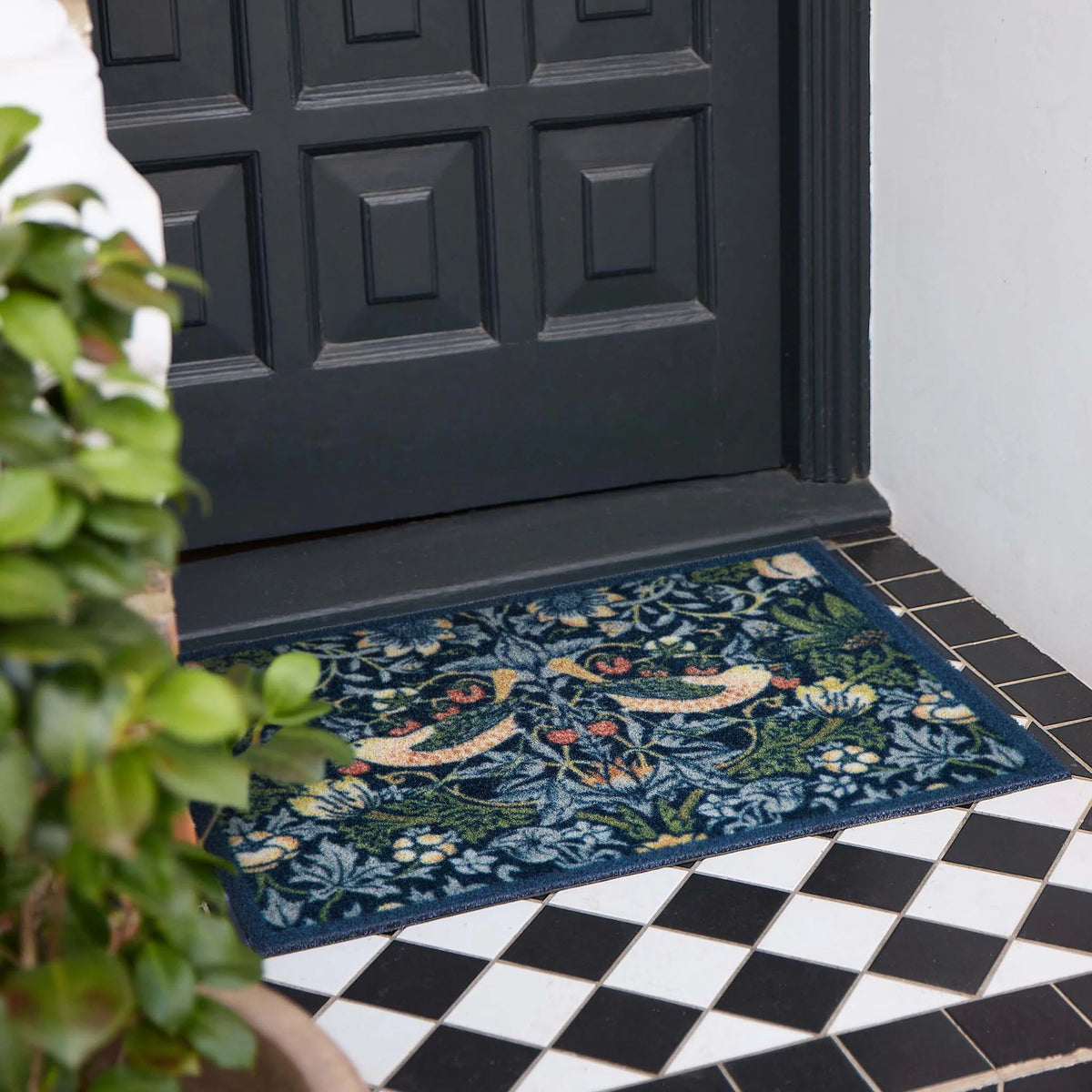 Hug Rug x Morris and Co Strawberry Thief Navy outdoor doormat featuring iconic 1883 bird and botanical pattern