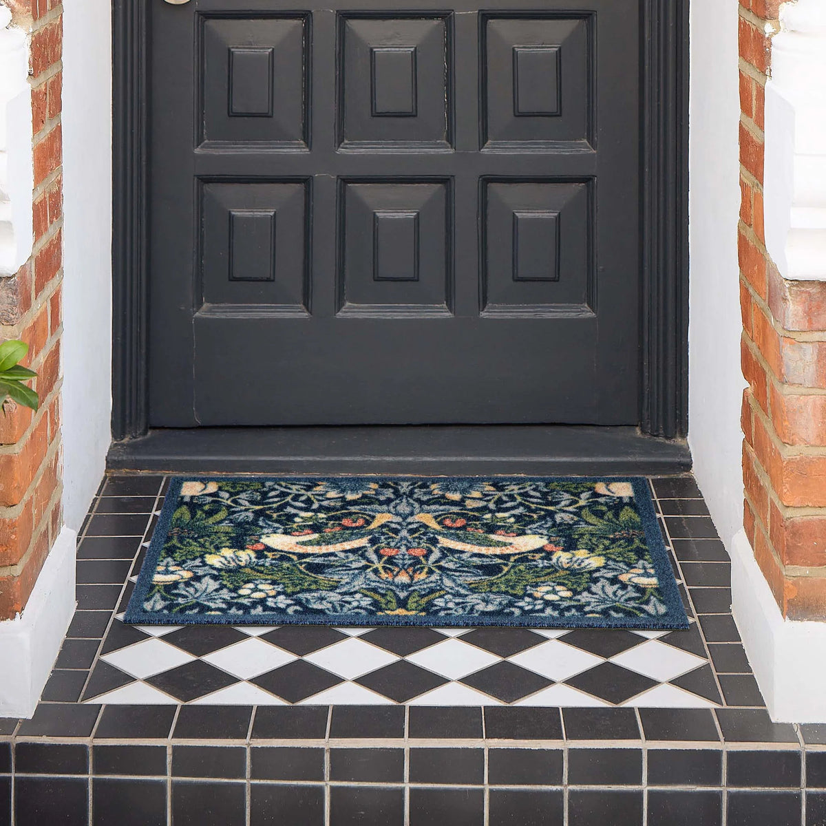 Hug Rug x Morris and Co Strawberry Thief Navy outdoor doormat featuring iconic 1883 bird and botanical pattern