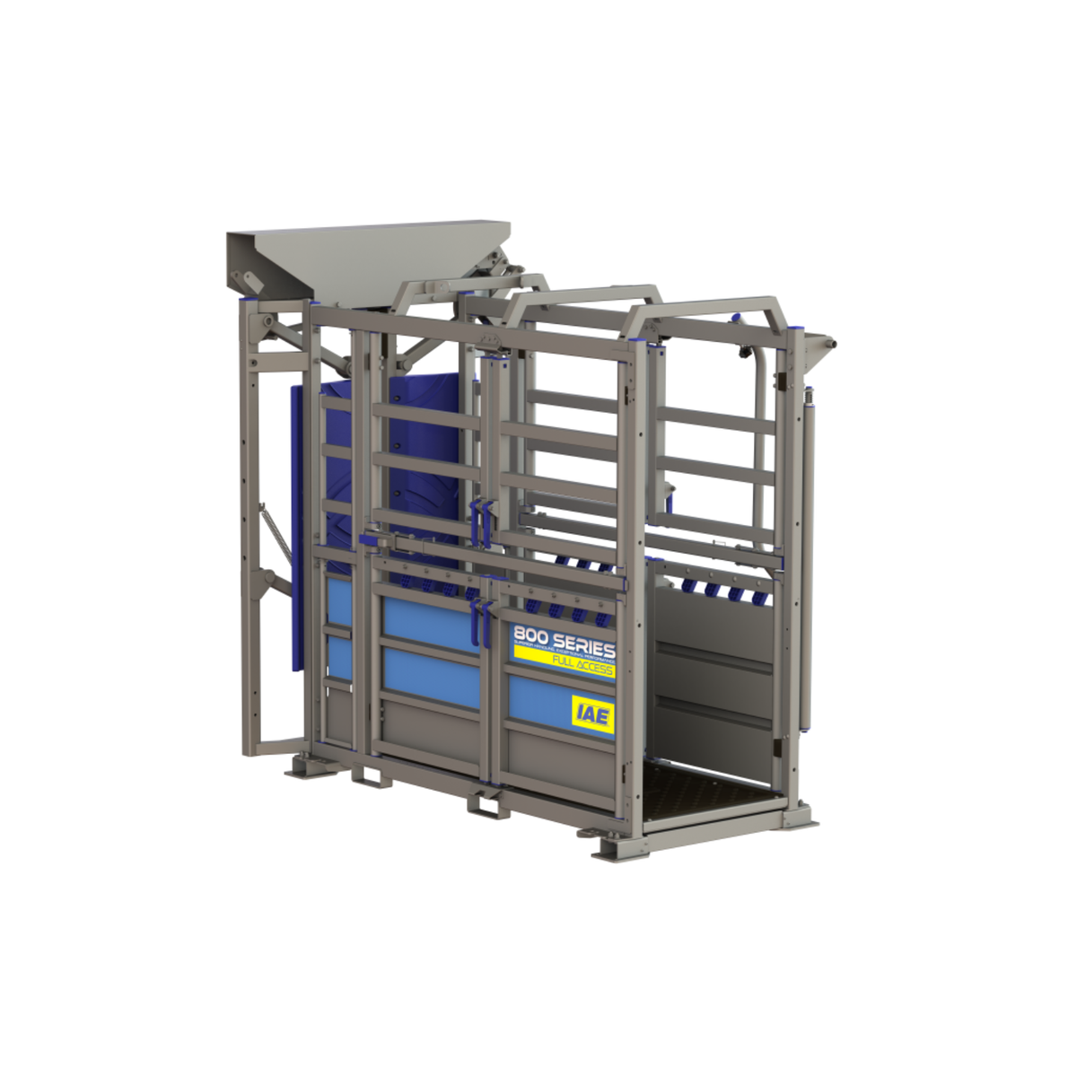 IAE M800 Full Access galvanised steel cattle crush with open manual yoke and non-slip rubber floor