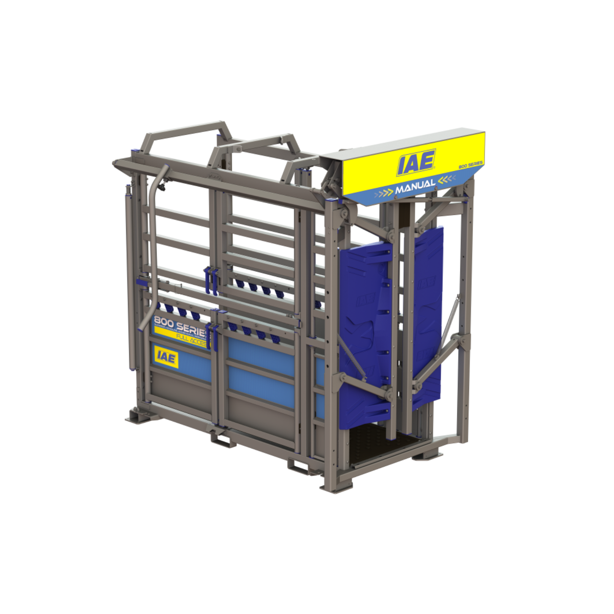 IAE M800 Full Access galvanised steel cattle crush with open manual yoke and non-slip rubber floor