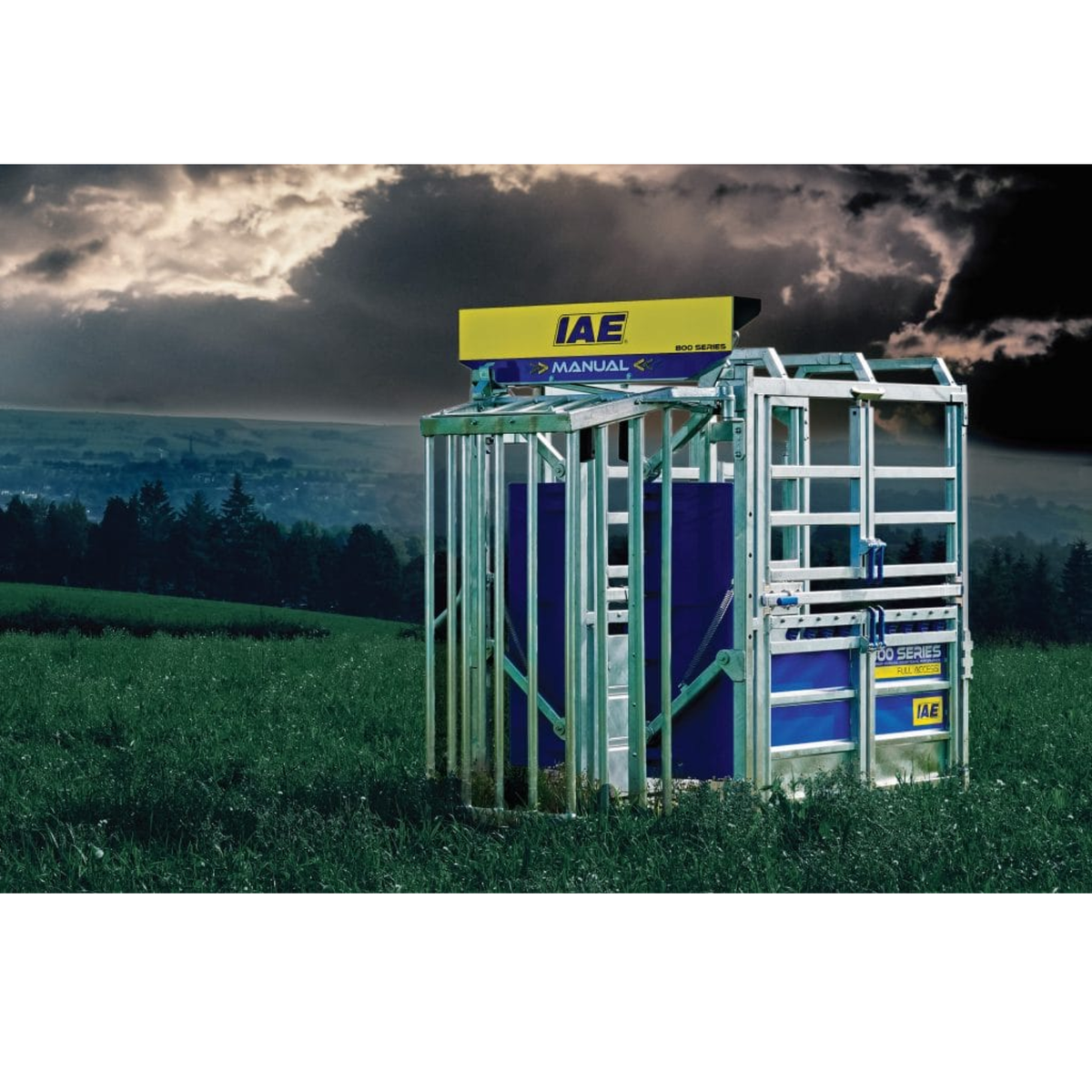 IAE M800 Full Access galvanised steel cattle crush with open manual yoke and non-slip rubber floor