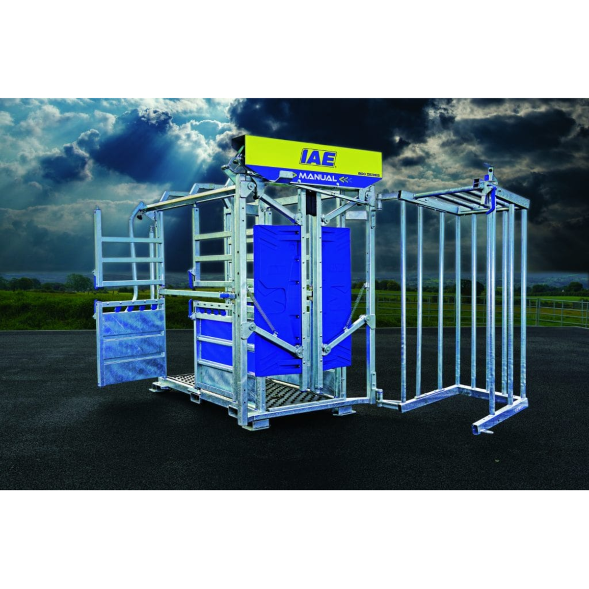IAE M800 Full Access galvanised steel cattle crush with open manual yoke and non-slip rubber floor