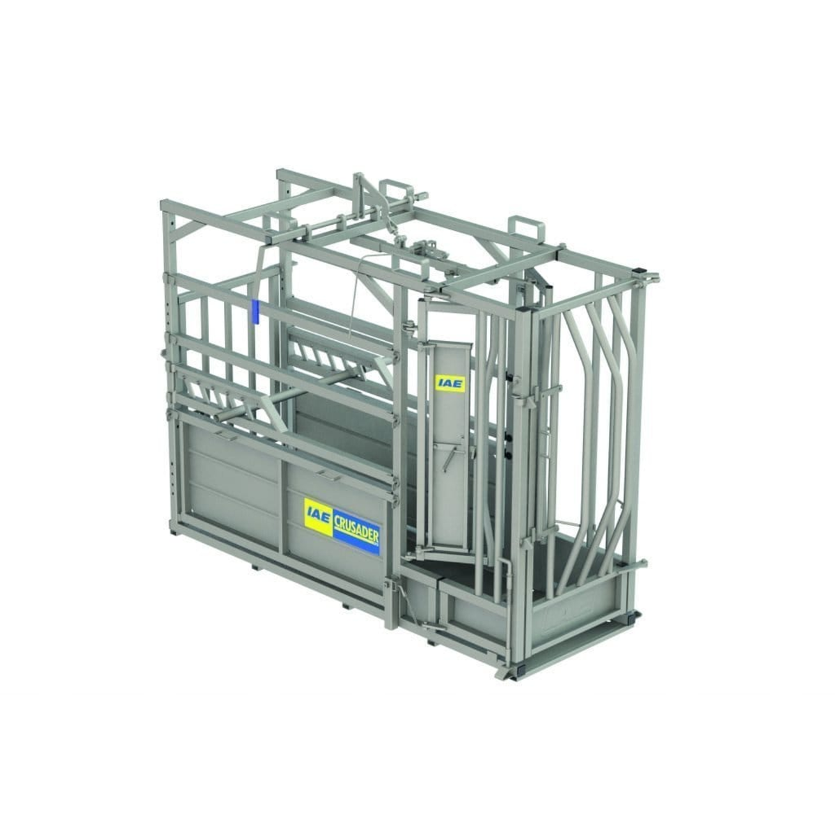 Heavy duty galvanised IAE Crusader Plus cattle crush with manual yoke and side access doors for farm stock handling