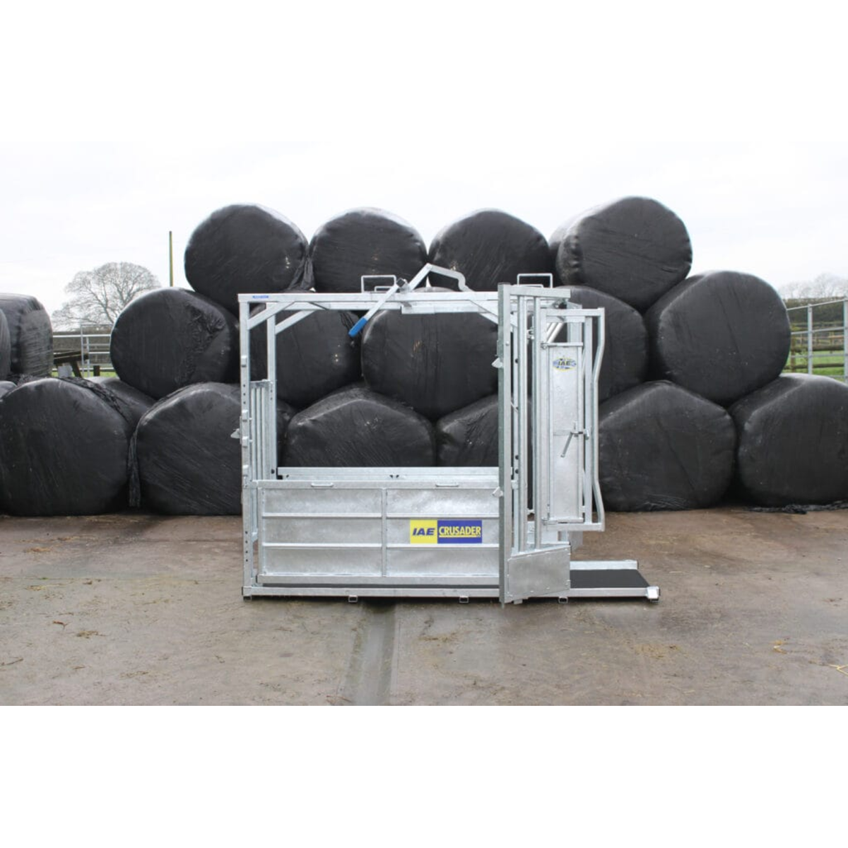 Heavy duty galvanised IAE Crusader Plus cattle crush with manual yoke and side access doors for farm stock handling