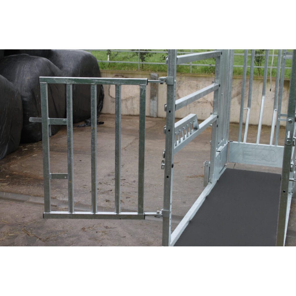 Heavy duty galvanised IAE Crusader Plus cattle crush with manual yoke and side access doors for farm stock handling