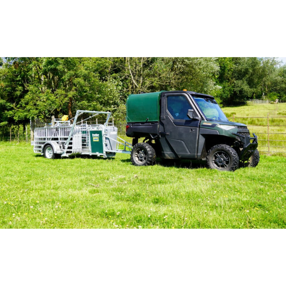 IAE Prattley 10ft standard mobile yard sheep handling trailer system with alloy hurdles packed for road transport