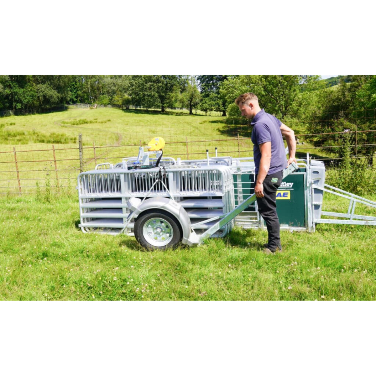 IAE Prattley 10ft standard mobile yard sheep handling trailer system with alloy hurdles packed for road transport