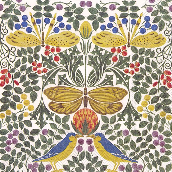 IHR Birds and Butterflies green paper lunch napkin featuring birds, butterflies, berries, and green leaves.
