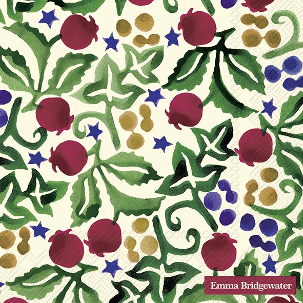 IHR x Emma Bridgewater Rosehip and Ivy paper lunch napkins with green leaves, red rosehips, and blue stars on cream background.