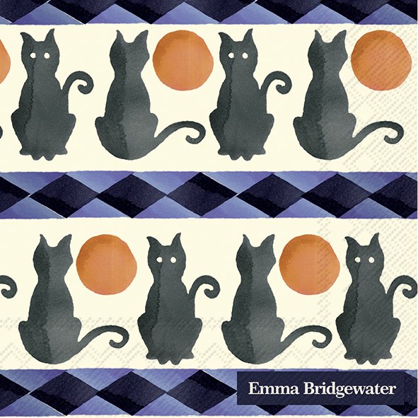 IHR x Emma Bridgewater The Wise Witches cream paper cocktail napkins featuring black cats and orange moons.