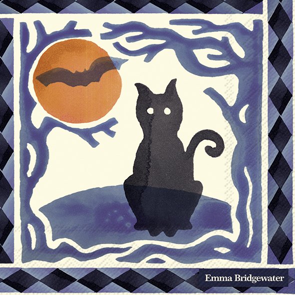 IHR Emma Bridgewater The Wise Witches paper napkin featuring a black cat beneath a full moon with a blue geometric border.