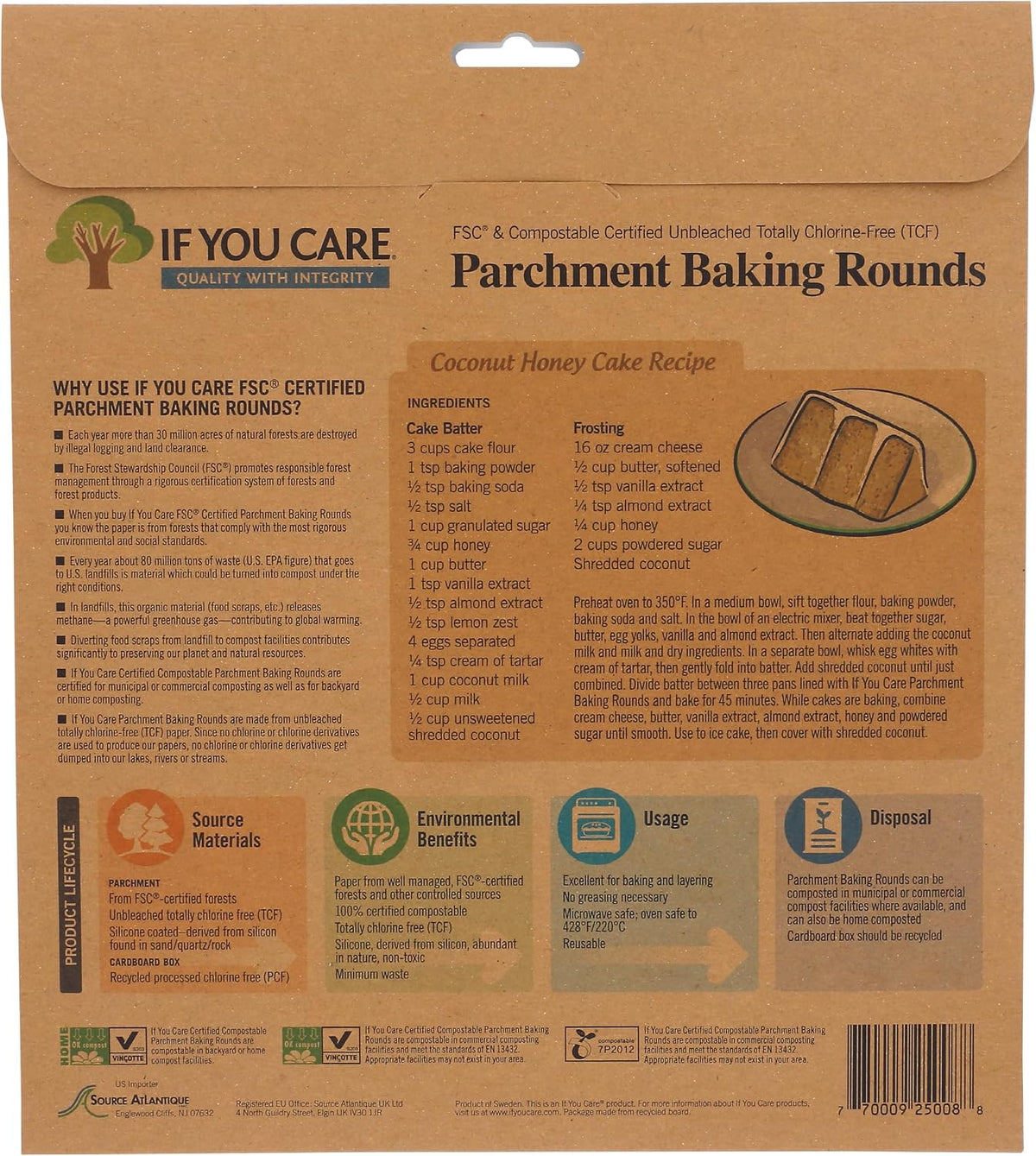Brown kraft packaging for If You Care unbleached parchment baking rounds showing a cake illustration.