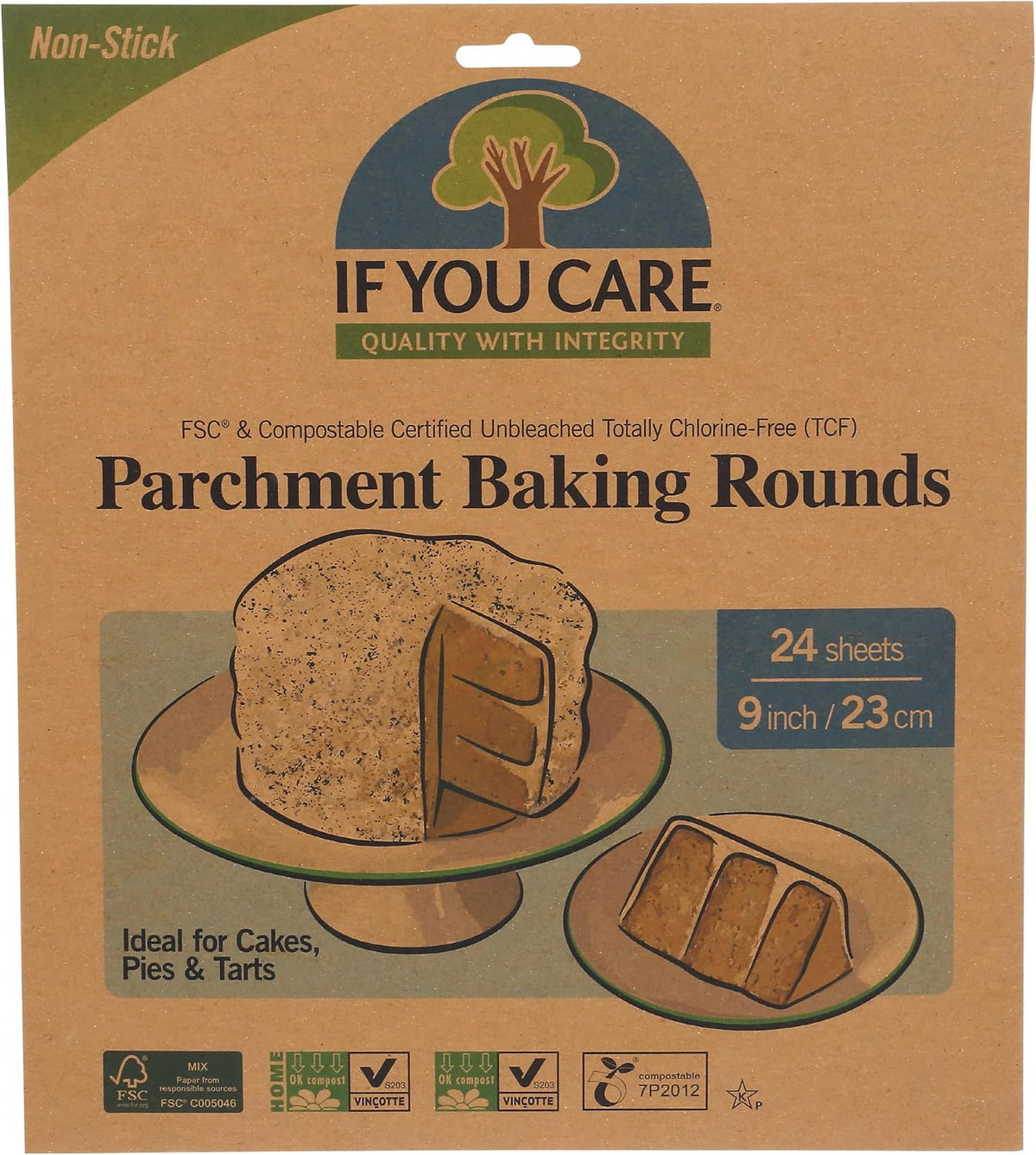 Brown kraft packaging for If You Care unbleached parchment baking rounds showing a cake illustration.