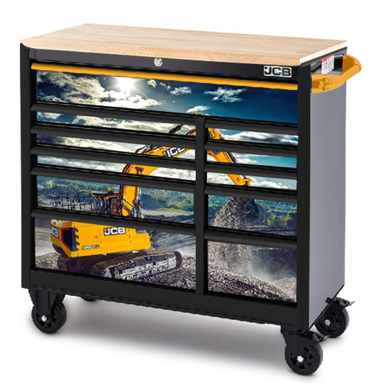 JCB Roller Cabinet 11 Drawers, Steel Hardwood Worktop