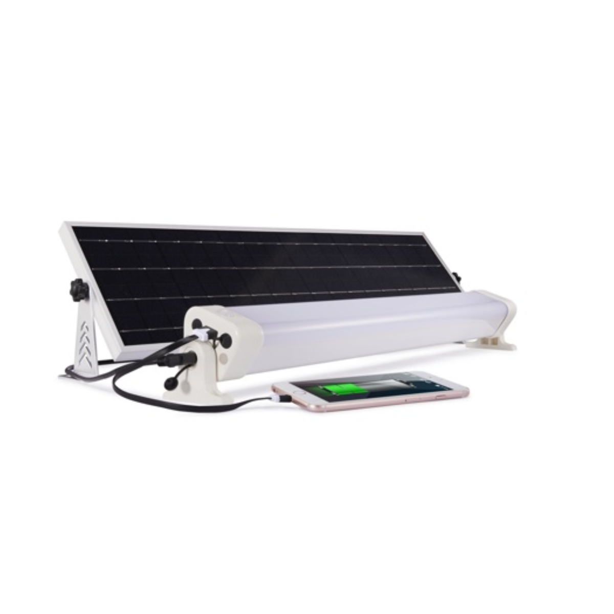 JFC Apollo solar batten indoor LED light bar connected to an adjustable external solar charging panel