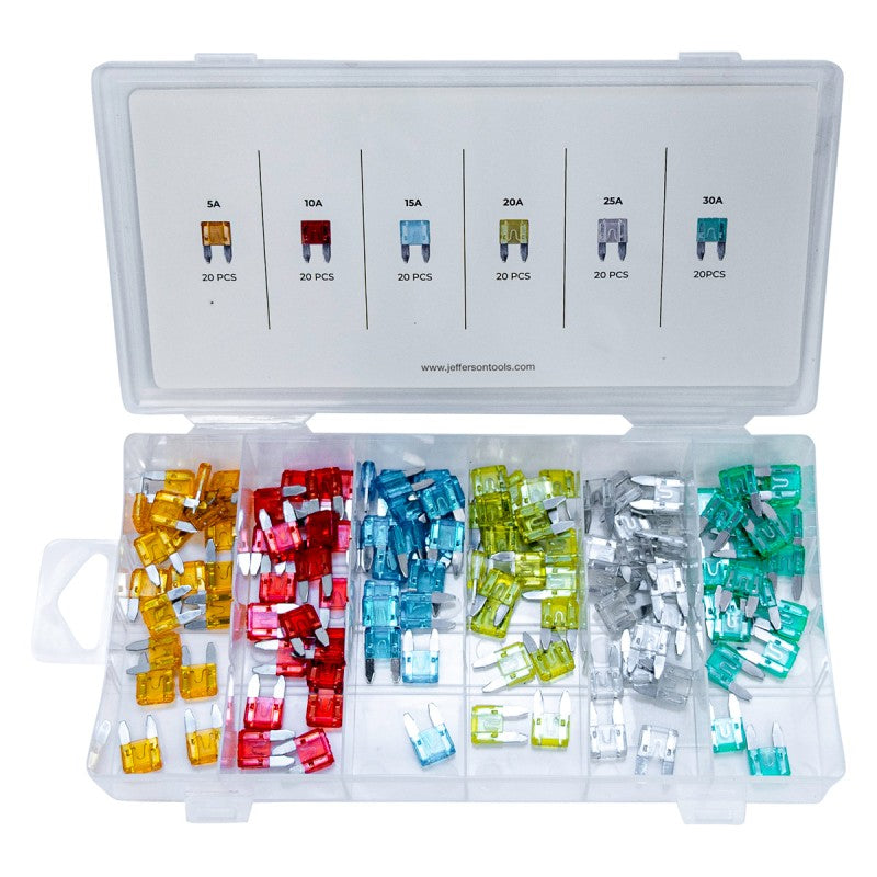 Jefferson 120 piece mini blade auto fuse set in organized clear storage case