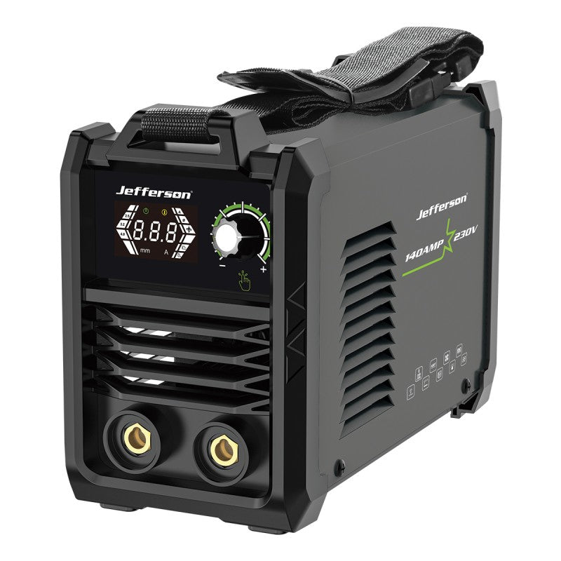 Jefferson mini 140 amp 230 volt arc welder with digital display screen and carry strap