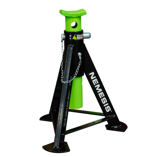 Jefferson Nemesis 6 tonne heavy duty ratchet axle stand pair in steel with wide base.