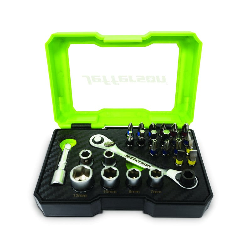 Jefferson 26 piece metric socket and screwdriver bit set in compact storage case