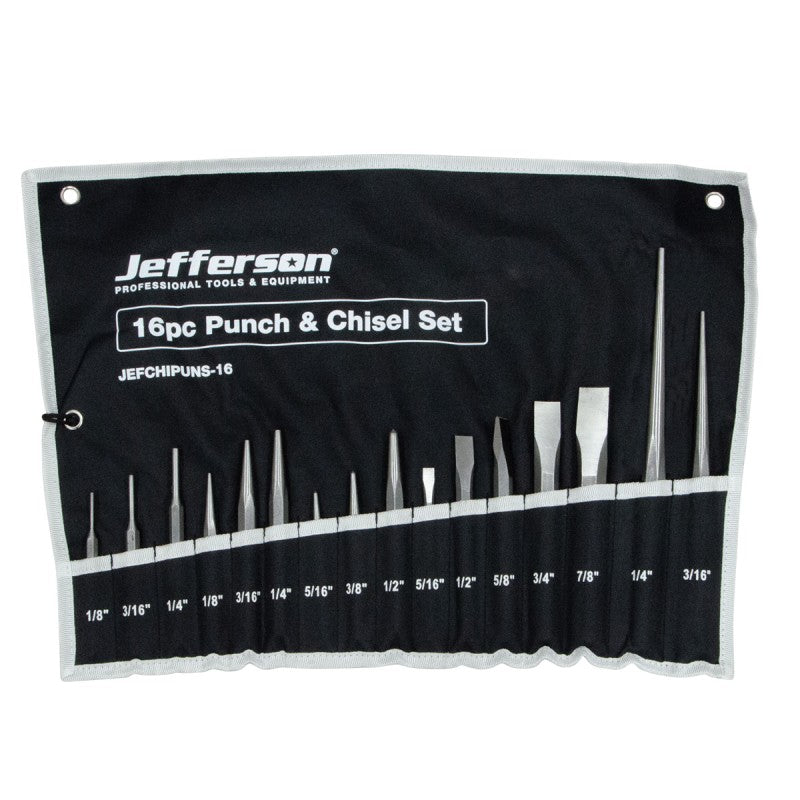 Jefferson 16 piece chrome vanadium chisel and punch set in fabric storage wallet