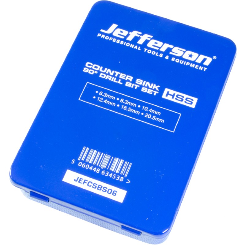 Jefferson 6 piece HSS 90 degree three flute countersink bit set in storage case