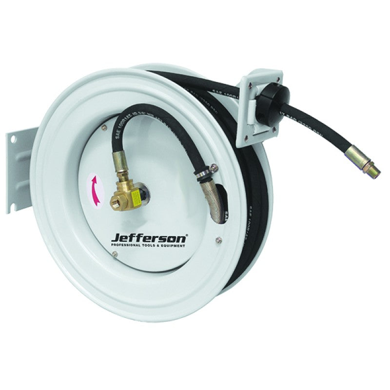 Jefferson 15m auto retracting air hose reel with 3/8 inch hybrid polymer hose and wall mount