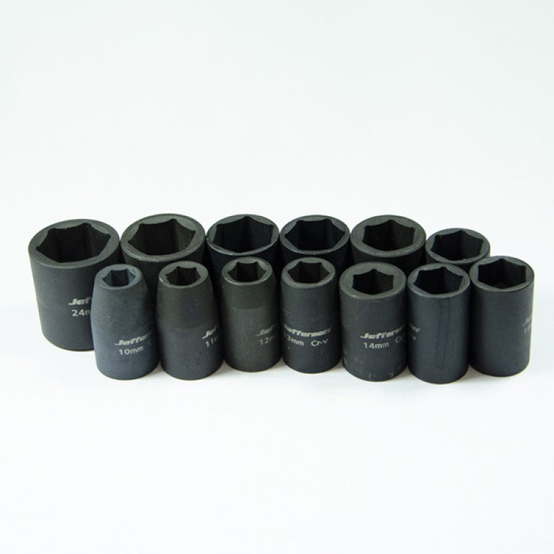 Jefferson 13 piece half inch drive metric impact socket set in black phosphate finish with storage case</li>